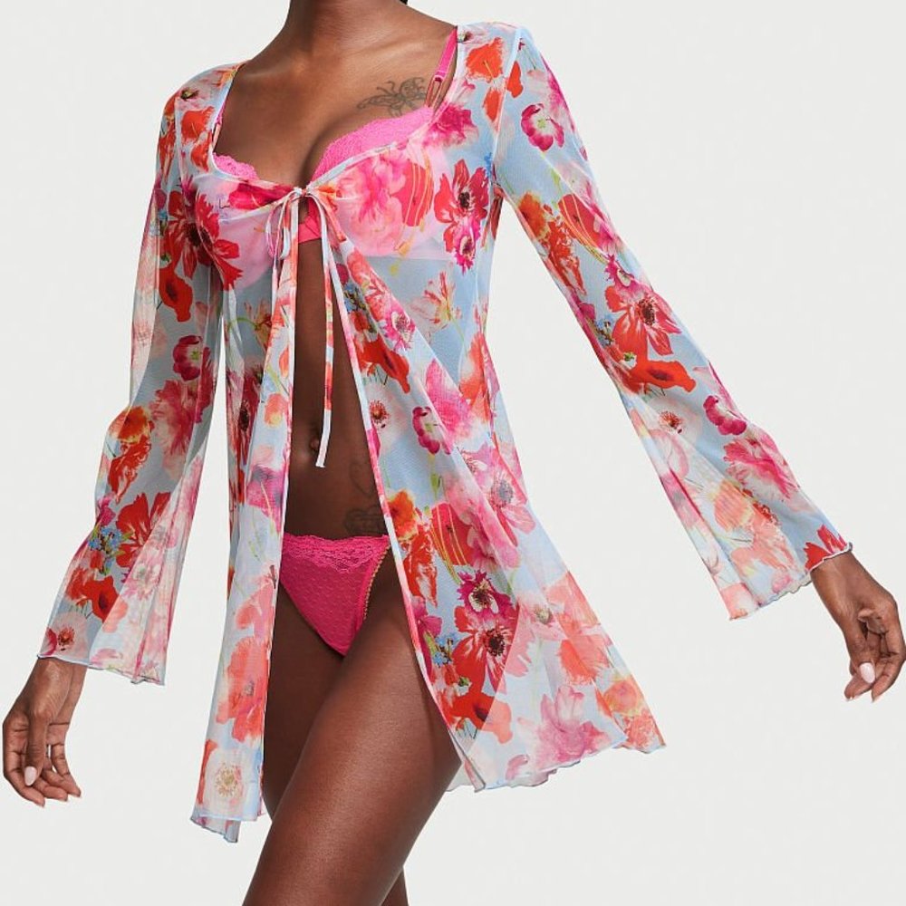 Victoria's Secret M Mesh Open-Front Robe Happy Poppy Floral NWT Gorgeous Pretty